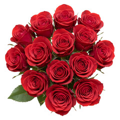 Obraz premium A bouquet of a dozen red roses with green leaves is displayed against a black background