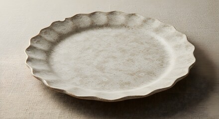 A slightly speckled white ceramic plate with a ruffled edge on a neutral surface