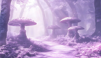 Mystical woodland path with enormous toadstools beneath a sunlit canopy, evoking a serene ambiance with soft, diffused light