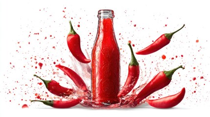 Spicy bottle of hot sauce exploding with chili peppers in a water splash