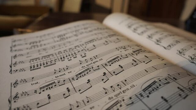 Lens glides smoothly along vintage music manuscript, uncovering delicate notes and emotive melodies etched on aged, softly textured pages, capturing poetic aesthetics and forgotten tones, slow motion.