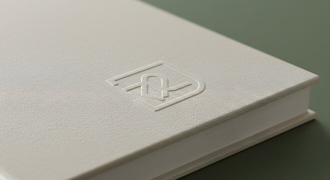 Close up of a white book with an embossed logo on the cover sitting on a green surface