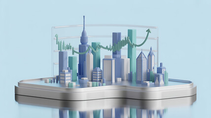 Stylized Cityscape with Upward Trending Graph Illustrating Growth and Development