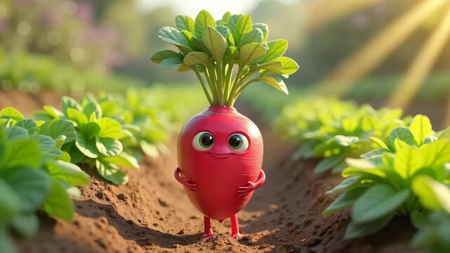 Joyful Radish Character Standing in Vegetable Garden, Talking radish on the path between the beds concept.
