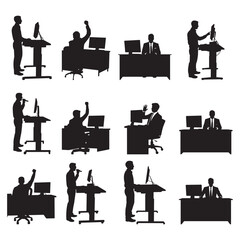 Silhouettes of Office Workers at Desks and Standing Workstations Using Computers Speaking and Celebrating