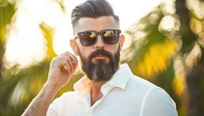 Portrait of a man with a beard and sunglasses outdoors under warm sunlight. He wears a white shirt and the background is blurred green. Focus on the man's face and expression