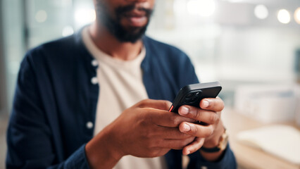 Man, hands and phone in office for business, project planning and scroll on networking platform....