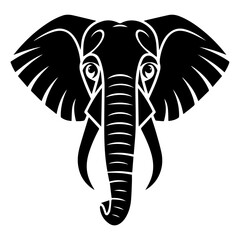 Obraz premium Stylized black silhouette of an elephant head viewed from the front, featuring large ears, curved tusks, and a detailed trunk on a white background in vector art style.