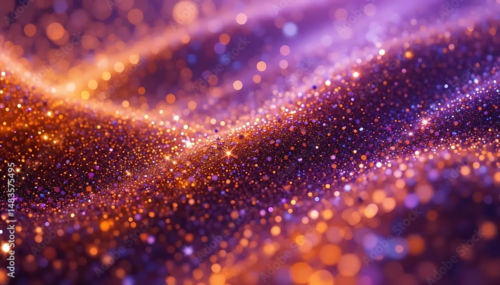 Poster abstract glittering particles background with a wave of sparkling gold and purple dust, creating a l
