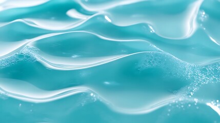 Fototapeta premium Macro zoom of a translucent, turquoise gel sheet with a glossy, wavy texture. Hyperrealistic style with intricate details of the smooth, soft surface, capturing the reflections of .
