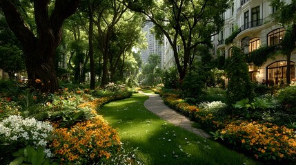 Inviting Metropolitan Garden Oasis Featuring Manicured Lawns, Towering Trees, and Vibrant Flower Gardens for an Energizing Natural Retreat