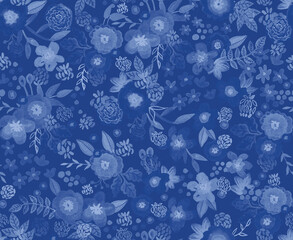 Ditsy flowers, print Watercolor painting of leafs and flowers, seamless pattern on  blue or indigo color Hand painted allover classic and elegant design  