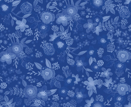 Ditsy flowers, print Watercolor painting of leafs and flowers, seamless pattern on  blue or indigo color Hand painted allover classic and elegant design  