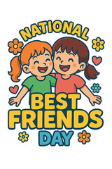 National Best Friend Day, Two cheerful girls celebrating friendship, colorful illustration with playful hearts, perfect for cards or social media posts. Isolated on white background or PNG