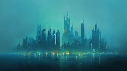 Futuristic Cityscape Over Water in Teal Hue, Detailed City Skyline Reflection
