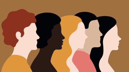 Diverse group of women side profiles in minimalist flat vector style for unity and inclusion concept
