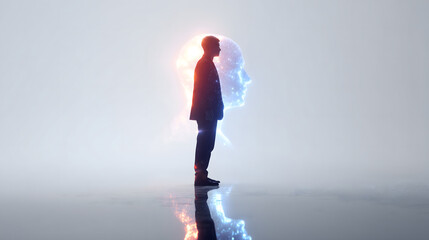 A person stands with a glowing AI profile layered over them, symbolizing the merging of human identity and artificial intelligence in a reflective, digital landscape.