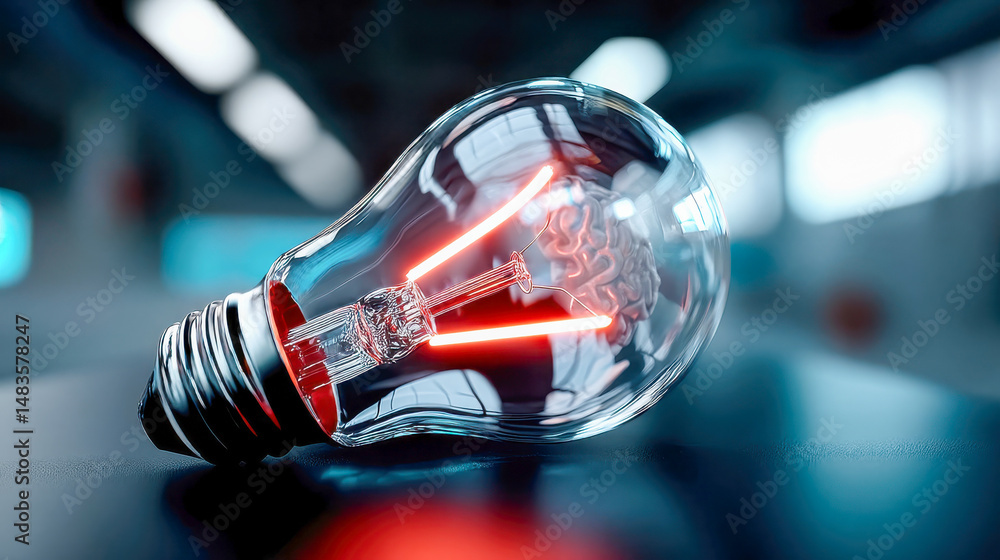 Poster conceptual image of a glowing brain inside a light bulb, symbolizing creativity, innovation, and int