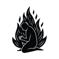fire over a kneeling figure