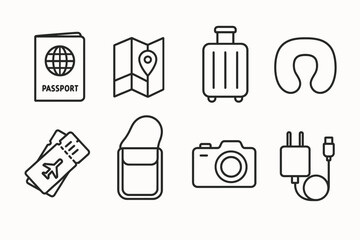 Essential travel icons set including passport, map, luggage, camera, and accessories