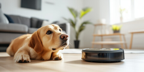 Curious golden retriever staring at robot vacuum on wooden floor in cozy modern living room