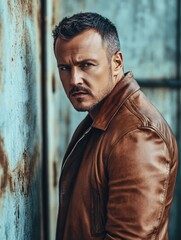 Portrait of a middle-aged man in a brown leather jacket leaning against a weathered metal wall with textured rust spots. The man has short hair and intense eyes staring at the camera.