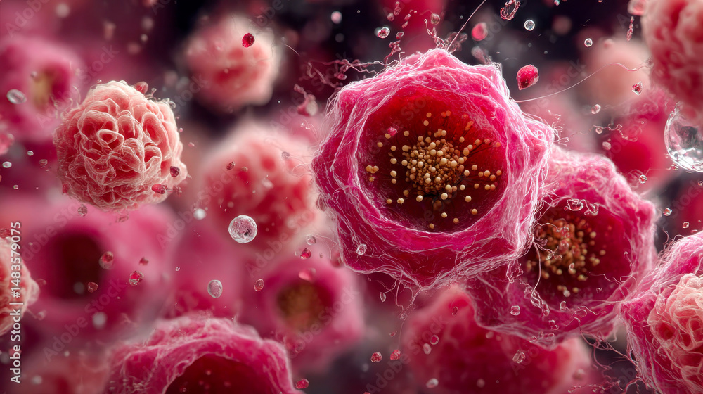Poster artistic visualization of floating red and pink cells with detailed textures and dynamic particles i