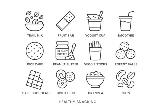Healthy snacking icons featuring popular snack options