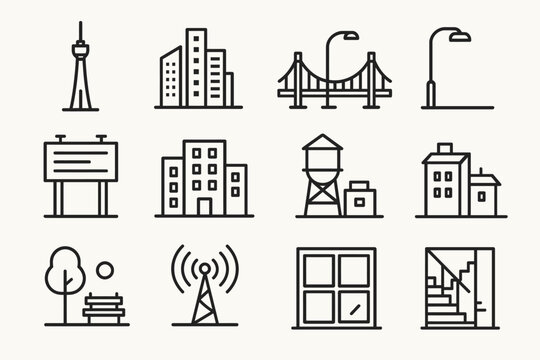 Urban line icons: skyline, bridge, buildings, street lamp, park, antenna, window, staircase - Powered by Adobe