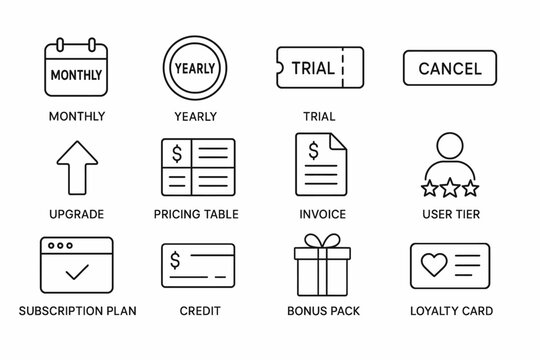 Subscription and payment icons: monthly, yearly, trial, and more