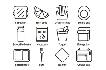 Vector icons of packed lunch items: sandwich, fruit, veggie sticks, egg, smoothie, nuts, yogurt, energy bar
