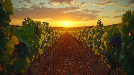 Naklejka premium Picturesque vineyard in the countryside at sunset