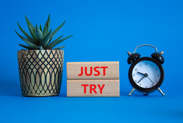 Just try symbol. Concept words Just try on wooden blocks. Beautiful blue background with alarm...