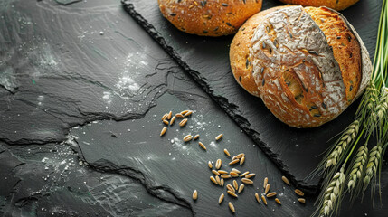 Assorted freshly baked artisan breads displayed on a dark surface with wheat ears, creating a rustic banner with space for text...