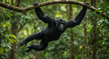Chimpanzee Hanging from Tree Branch in Rainforest