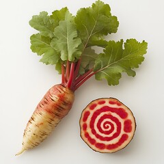 Fresh heirloom vegetable close-up with vibrant green leaves, a whole root, and a sliced cross-section showing spiral pattern.