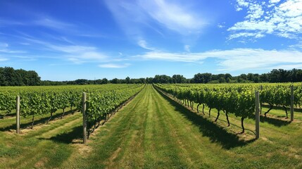Obraz premium Scenic vineyard landscape on a sunny day with rows of grapevines under blue sky