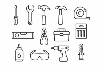 Essential hand tools collection: hammer, screwdriver, wrench, drill, pliers, toolbox