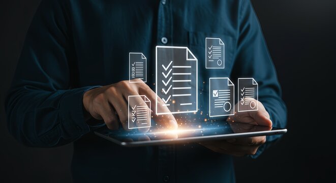 Digital documents, data management, and automated workflow on a tablet computer for business productivity.