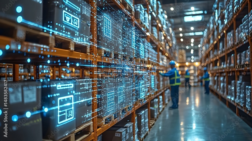 Poster digital warehouse inventory system with workers processing orders