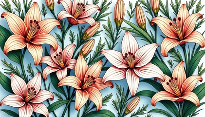 Intricate line art lily flowers & foliage, geometric repeat, geometric, stems, contemporary