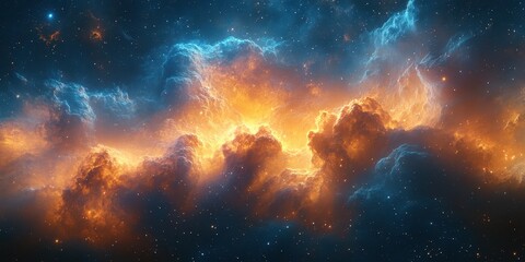 Obraz premium Vibrant cosmic clouds illuminating the universe with hues of blue, orange, and gold during a stellar phenomenon
