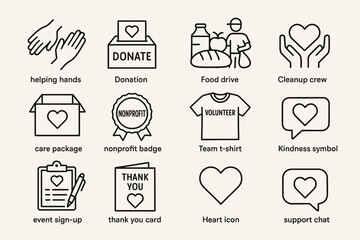 Charity icon set featuring donation, volunteer, and care package symbols