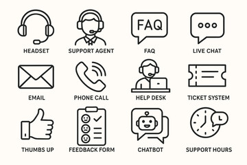 Customer support icons: headset, faq, live chat, email, phone call, help desk, chatbot