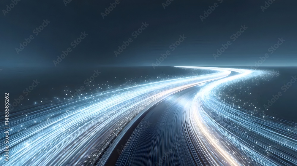Poster 青と白の抽象的な光のトレイルが暗い背景に描かれた未来的な道路で光と技術が輝く