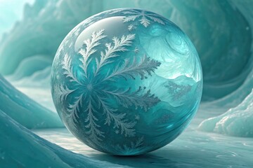 Dreamy winter scene featuring a crystal ball with intricate frozen snowflake designs