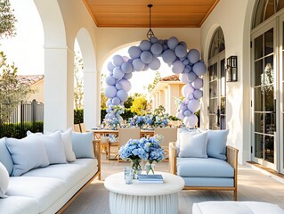 Balloon arch in periwinkle and light grey hues glowing in sunlight, simple neutral patio base, trimmed green fence and calm atmosphere