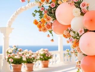 Blended balloon arch in soft blush and pastel coral tones, glowing warmly near potted daisies, smooth cream surface and matte stucco wall