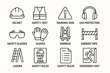 Safety equipment and sign icons for workplace protection and guidelines