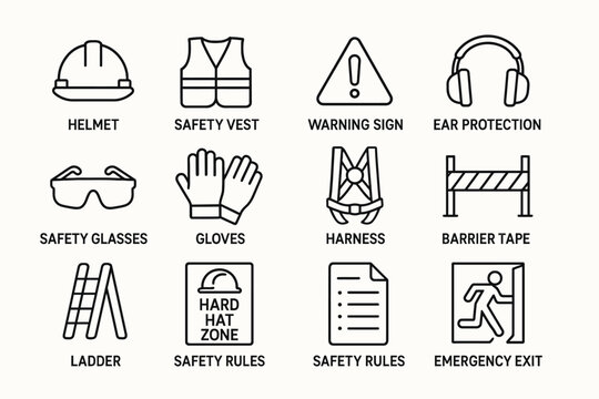 Safety equipment and sign icons for workplace protection and guidelines